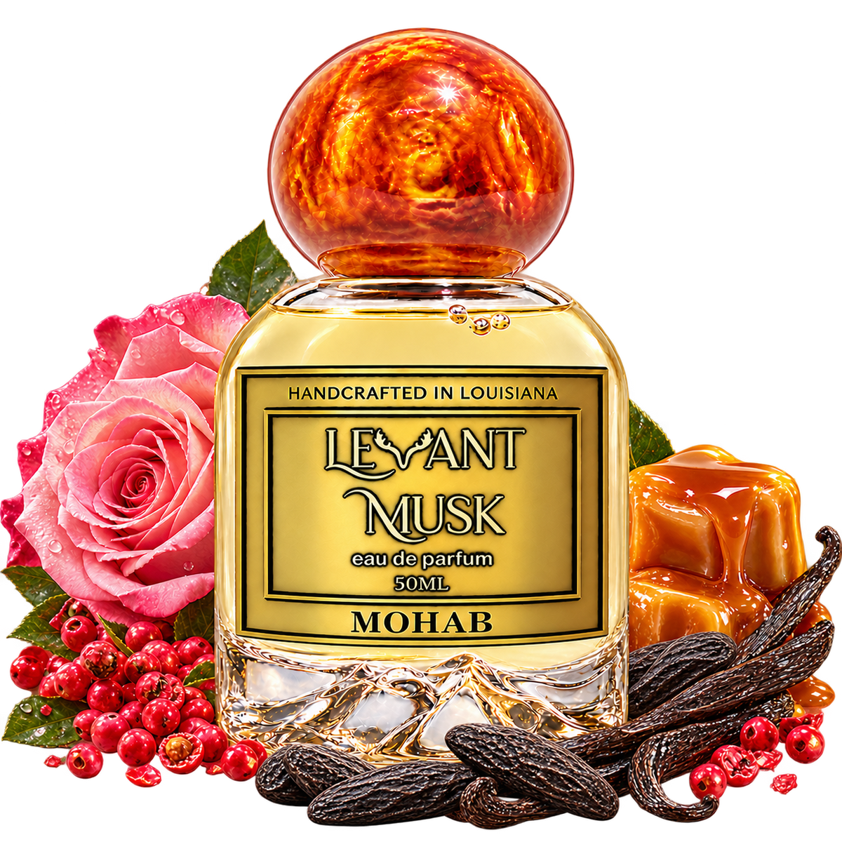 MOHAB by Levant Musk bottle with its approved fragrance notes on transparent background