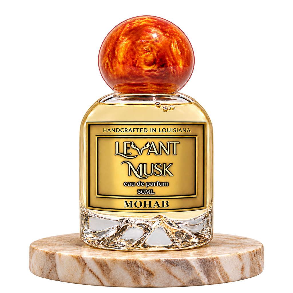 MOHAB by Levant Musk bottle alone on a beige marble platform with transparent background