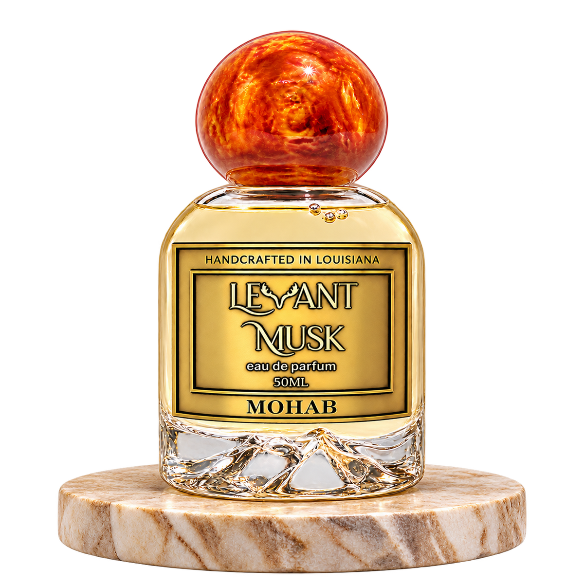 MOHAB by Levant Musk bottle alone on a beige marble platform with transparent background