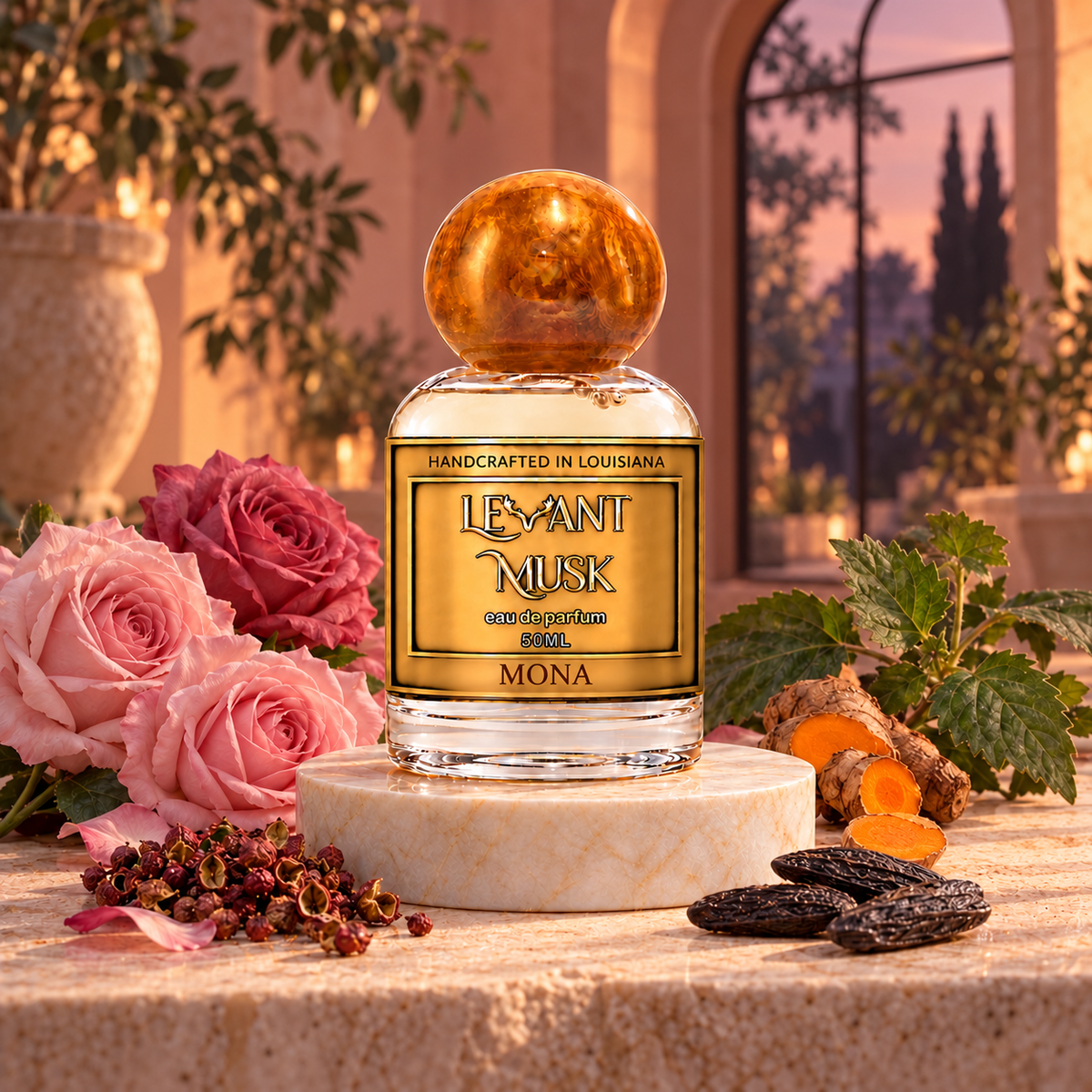 MONA by Levant Musk fragrance scene: Sichuan pepper, turmeric; Bulgarian rose, Turkish rose, May rose; Indonesian patchouli and roasted tonka.