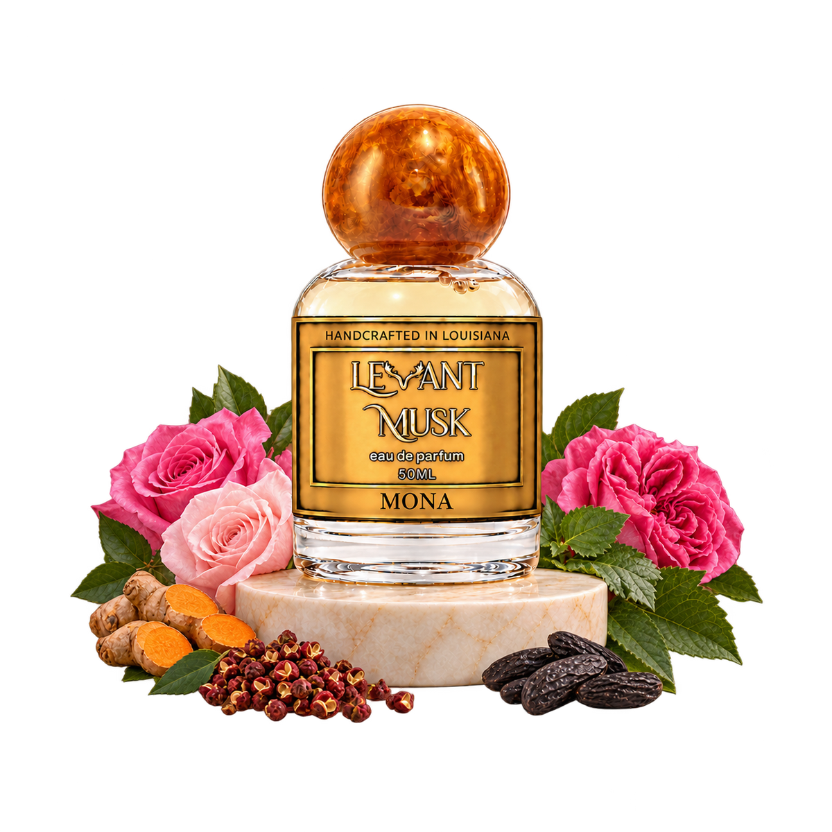 MONA by Levant Musk bottle with notes on a transparent background: Sichuan pepper, turmeric; Bulgarian rose, Turkish rose, May rose; Indonesian patchouli and roasted tonka.