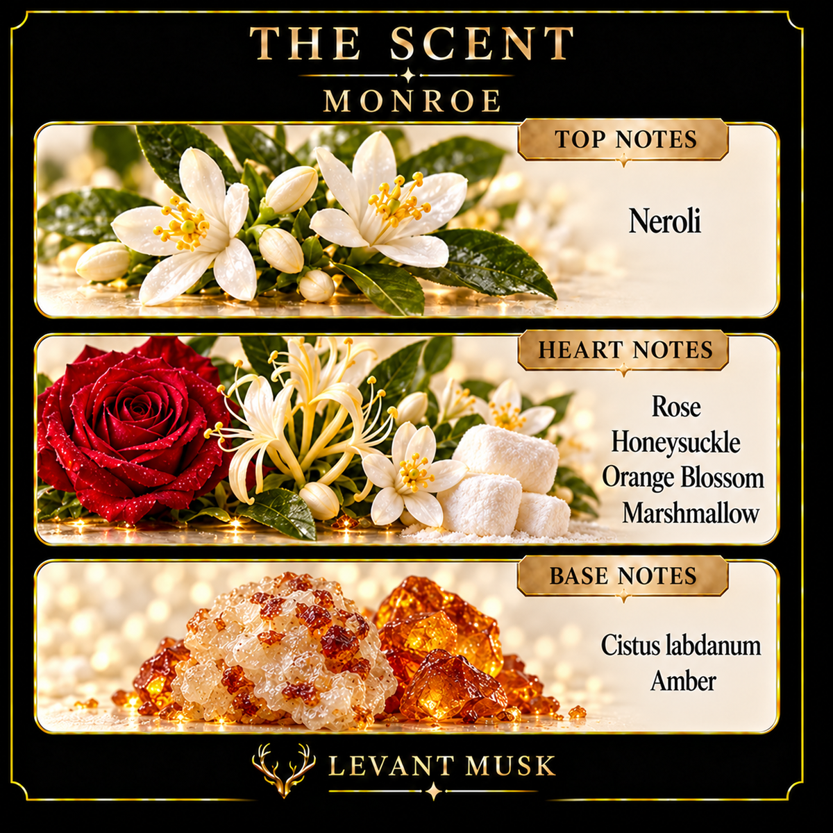MONROE by Levant Musk scent notes: neroli; rose, honeysuckle, orange blossom, marshmallow; cistus labdanum and amber.