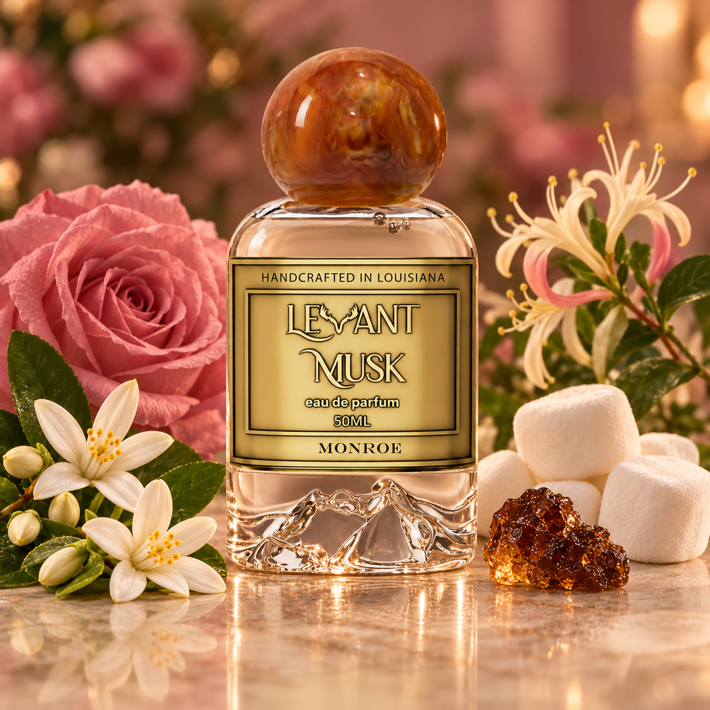 Levant Musk Monroe perfume bottle styled with notes of neroli, rose, and marshmallow.
