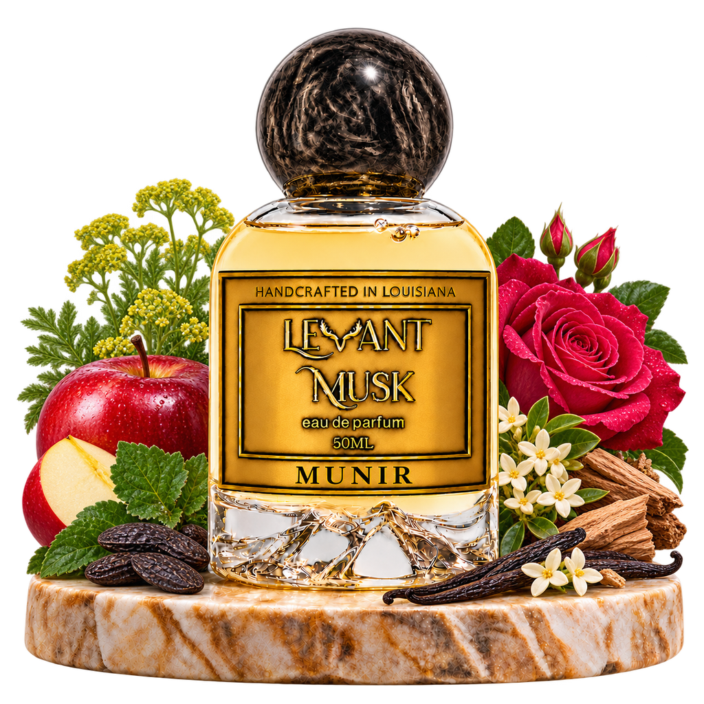 MUNIR by Levant Musk with fragrance-note botanicals on a marble pedestal, transparent background