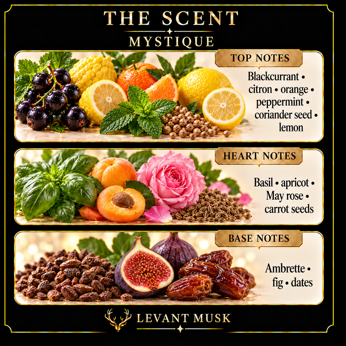 MYSTIQUE by Levant Musk note card. Top: blackcurrant; citron; orange; peppermint; coriander seed; lemon. Heart: basil; apricot; may rose; carrot seeds. Base: ambrette; fig; dates.