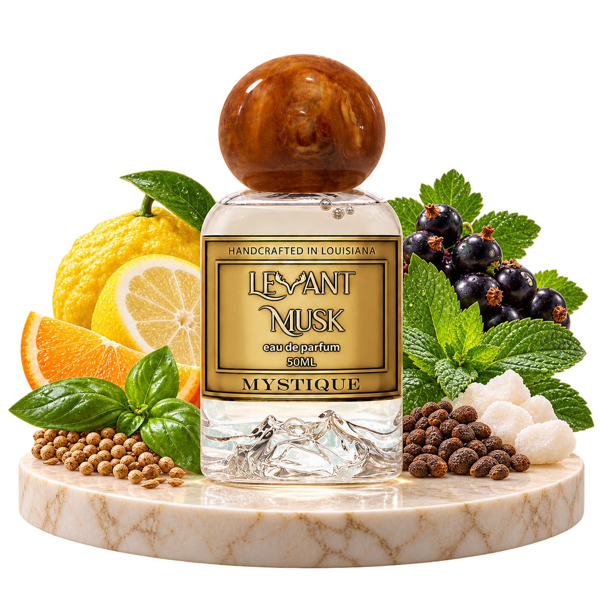 MYSTIQUE by Levant Musk bottle with notes cutout