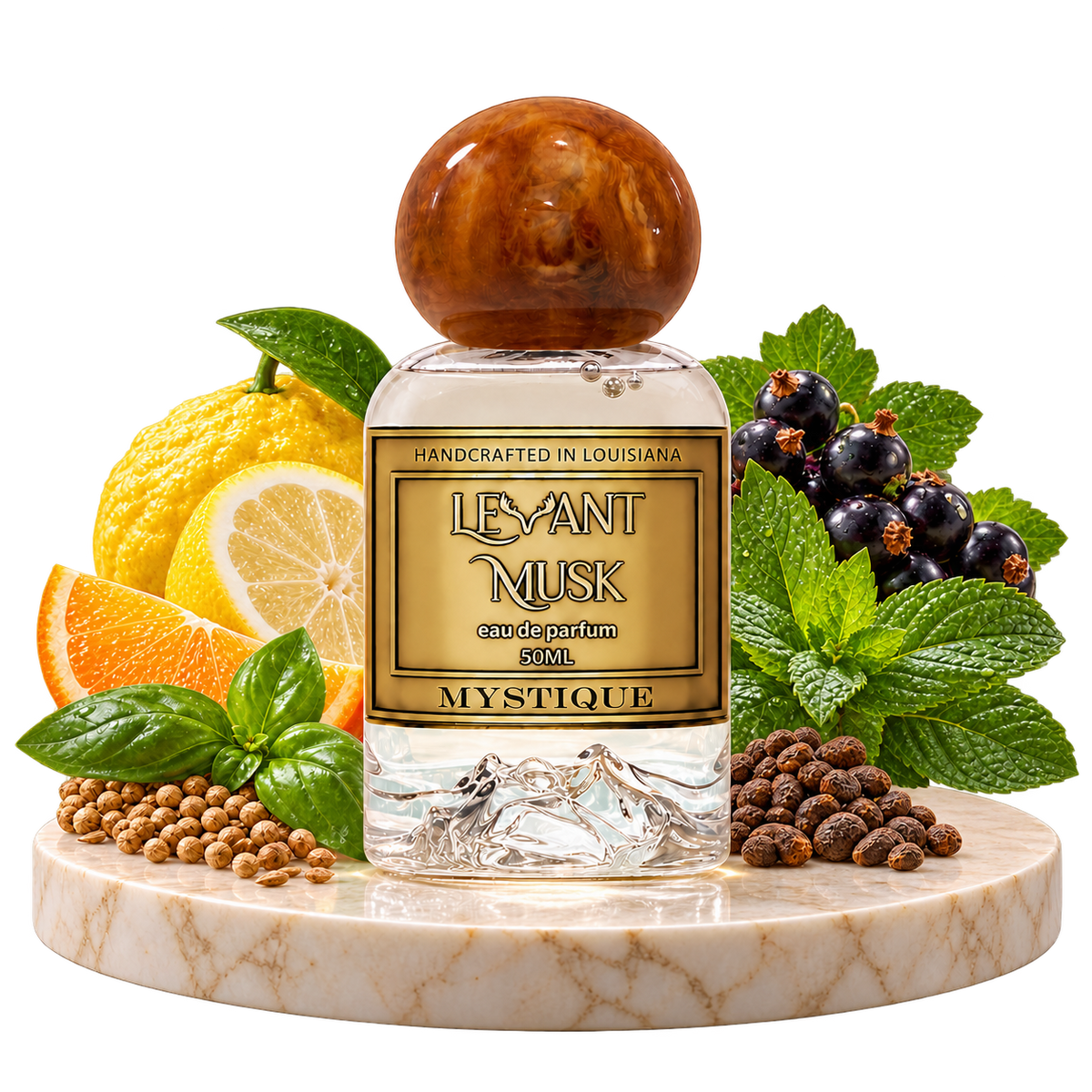 MYSTIQUE by Levant Musk bottle with blackcurrant, citrus, peppermint, basil, coriander and ambrette seed props on marble, with a transparent background.