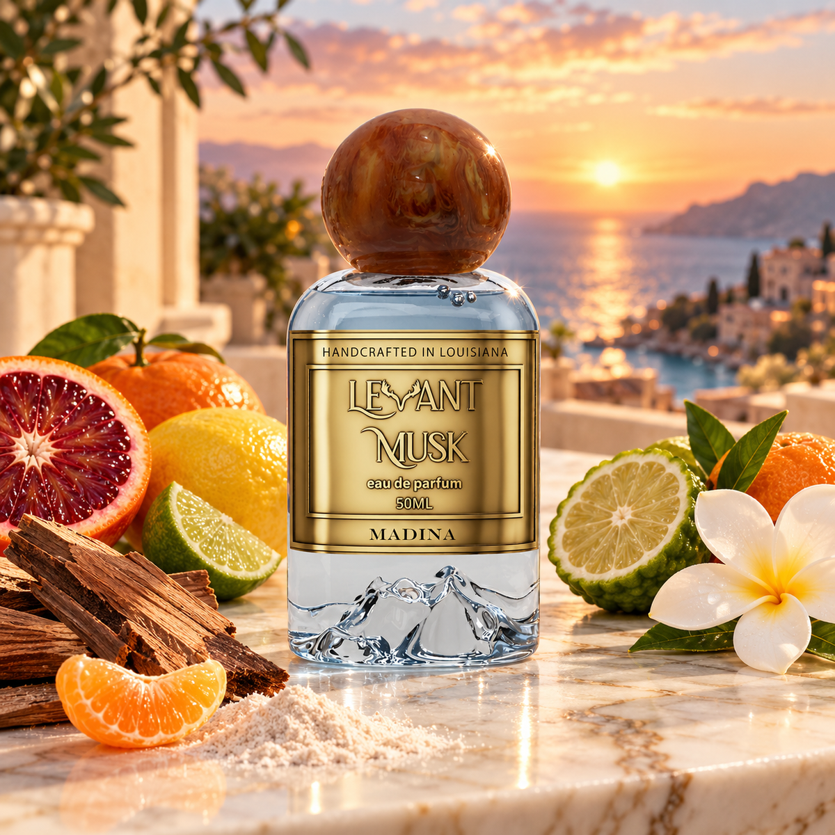 A bottle of Madina by Levant Musk styled on a marble surface with citrus fruits, cinnamon bark, and a white flower against a scenic sunset sea backdrop.