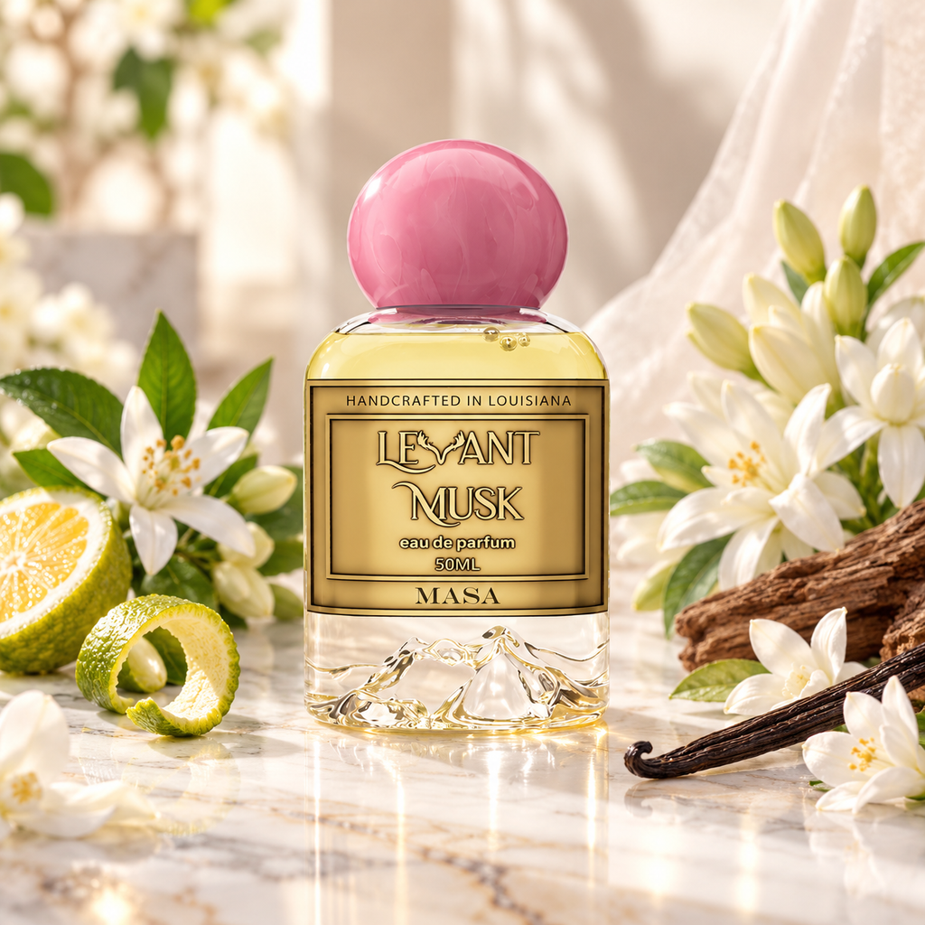 A bottle of Masa by Levant Musk Eau de Parfum , featuring a pink spherical cap and a gold label, styled on a marble surface with white flowers, a lime, and a vanilla bean.