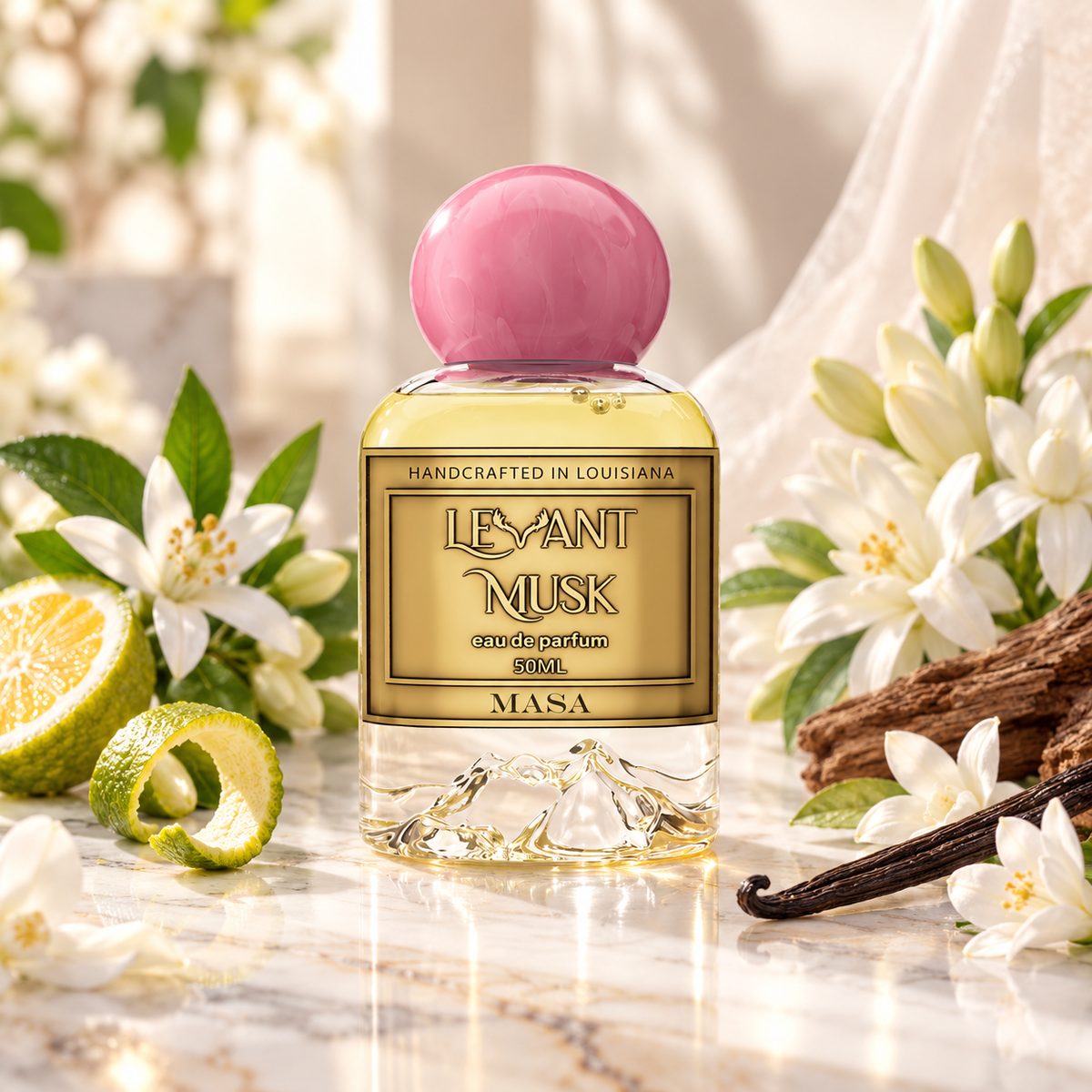 A bottle of Masa by Levant Musk Eau de Parfum , featuring a pink spherical cap and a gold label, styled on a marble surface with white flowers, a lime, and a vanilla bean.