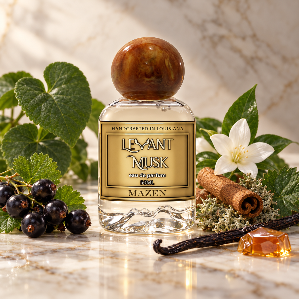 A bottle of Mazen LeYant Musk eau de parfum, 500ml, styled on a marble surface with its scent notes including blackcurrants, white flower, cinnamon, vanilla, and amber honey.