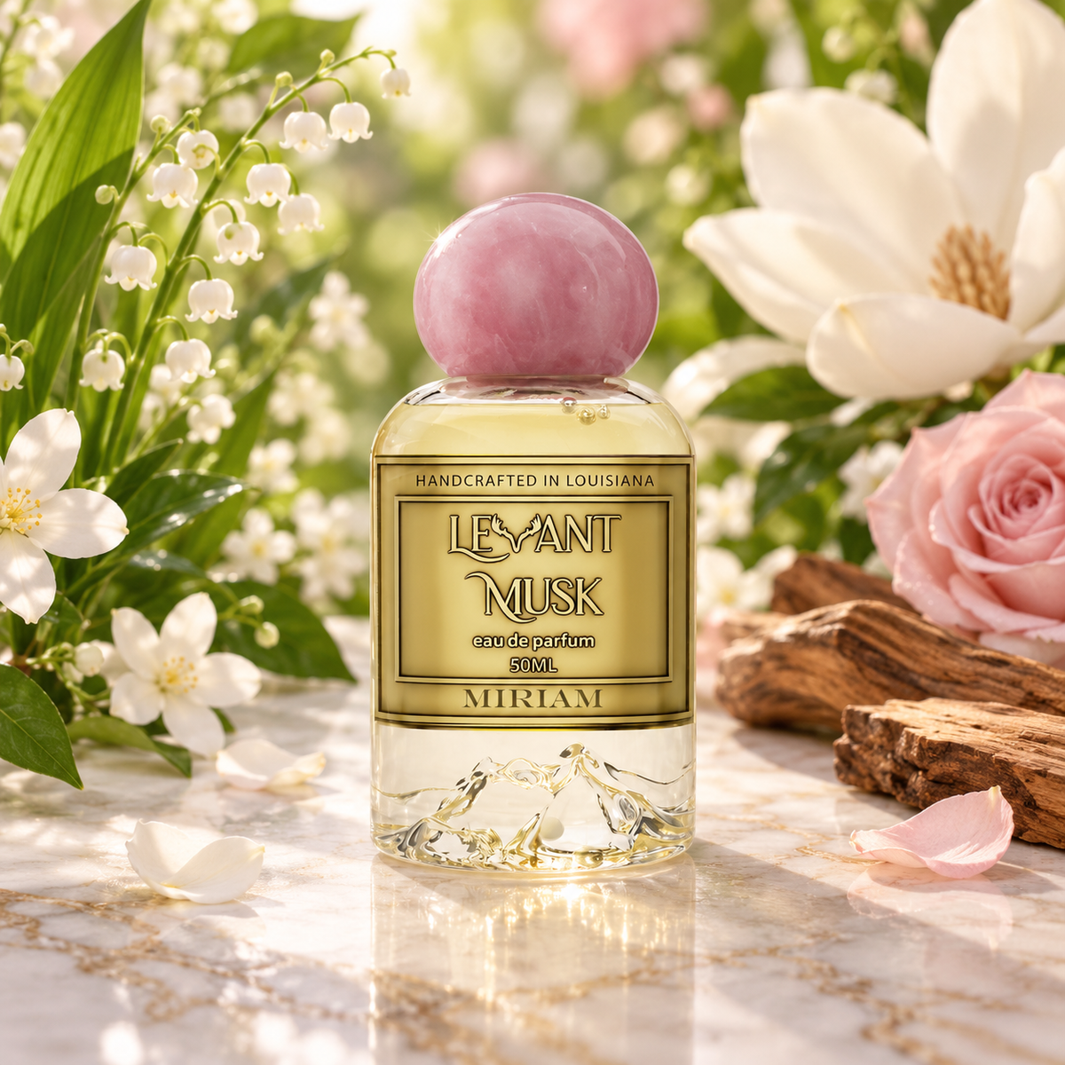 A 50ml bottle of Miriam by Levant Musk Eau de Parfum, featuring a gold label and a pink spherical cap, styled on a marble surface with white lily of the valley, a pink rose, and white magnolia flowers in the background.