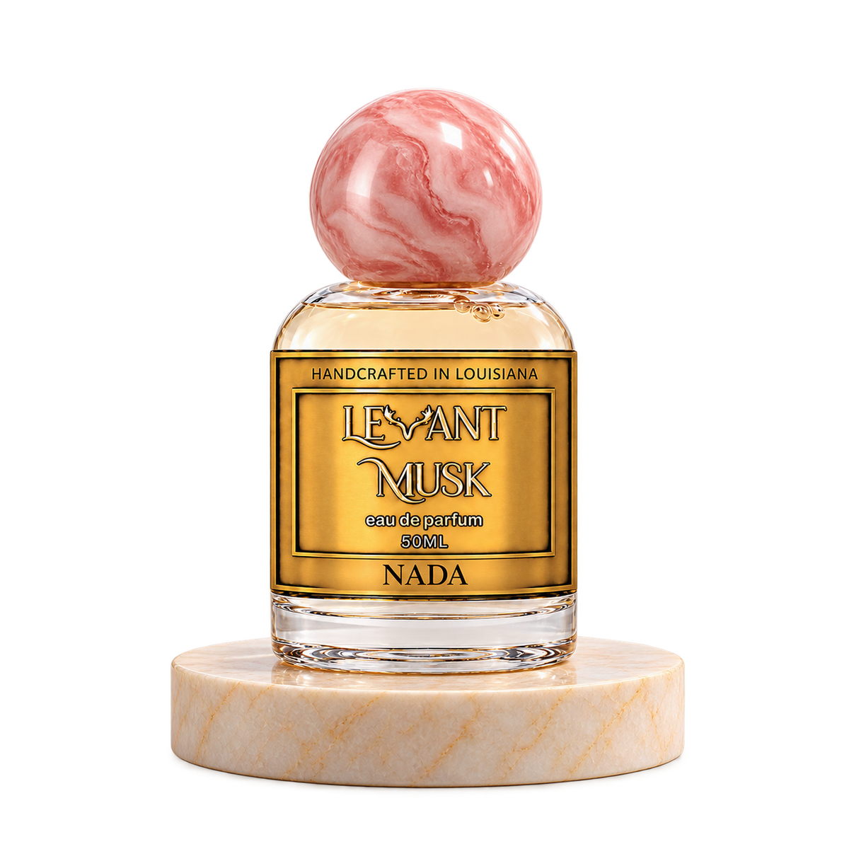 NADA 50 mL Levant Musk bottle with pink cap on marble with transparent outer background