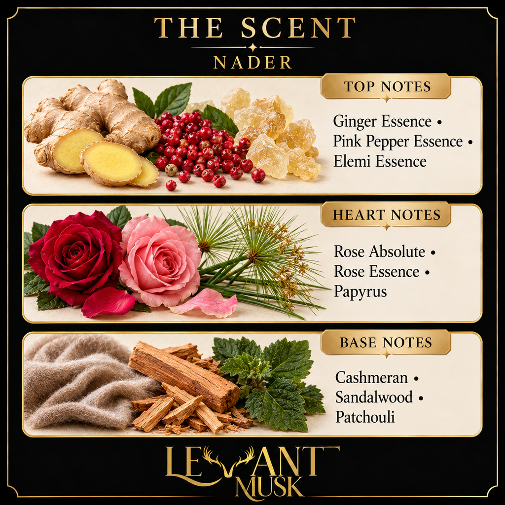 NADER scent notes. top: Ginger Essence, Pink Pepper Essence, Elemi Essence; heart: Rose Absolute, Rose Essence, Papyrus; base: Cashmeran, Sandalwood, Patchouli