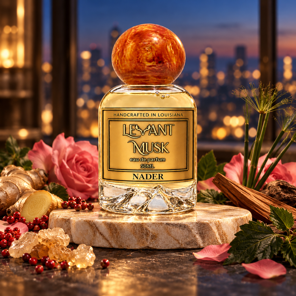 NADER by Levant Musk in a cinematic setting with fragrance-note accents