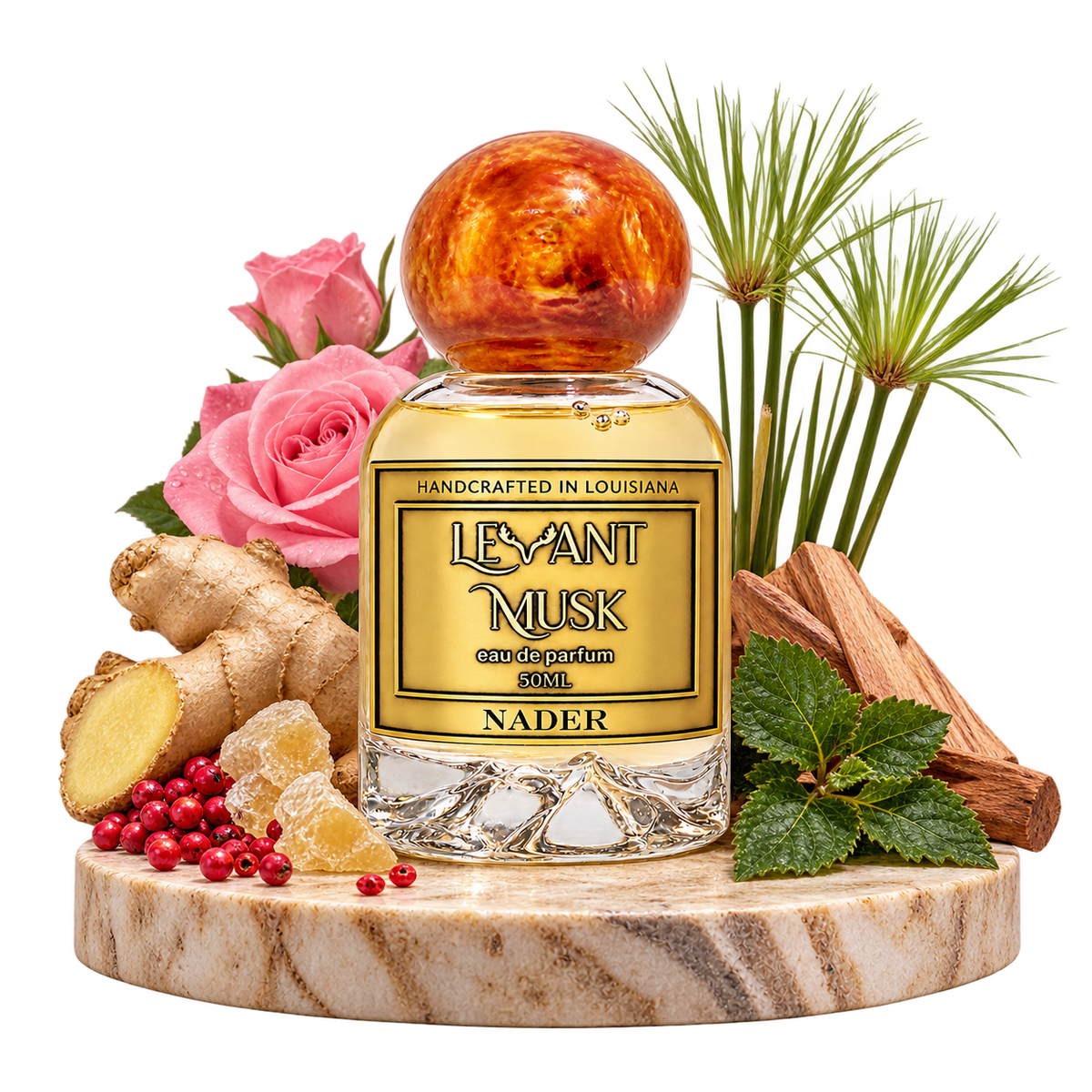 NADER by Levant Musk with fragrance-note ingredients surrounding the bottle