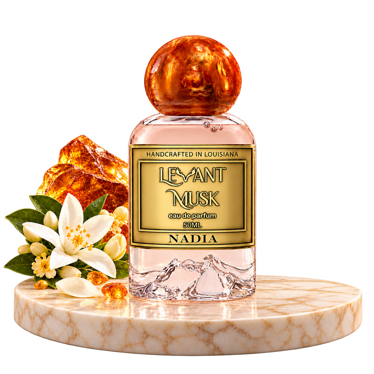 NADIA by Levant Musk bottle with notes on a transparent background: orange blossom and amber accord.