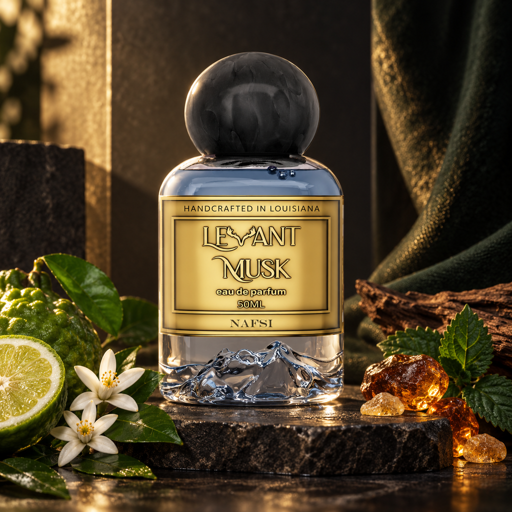 Levant Musk Nafsi perfume bottle styled with notes of calabrian bergamot, tunisian orange blossom absolute, and ambrofix