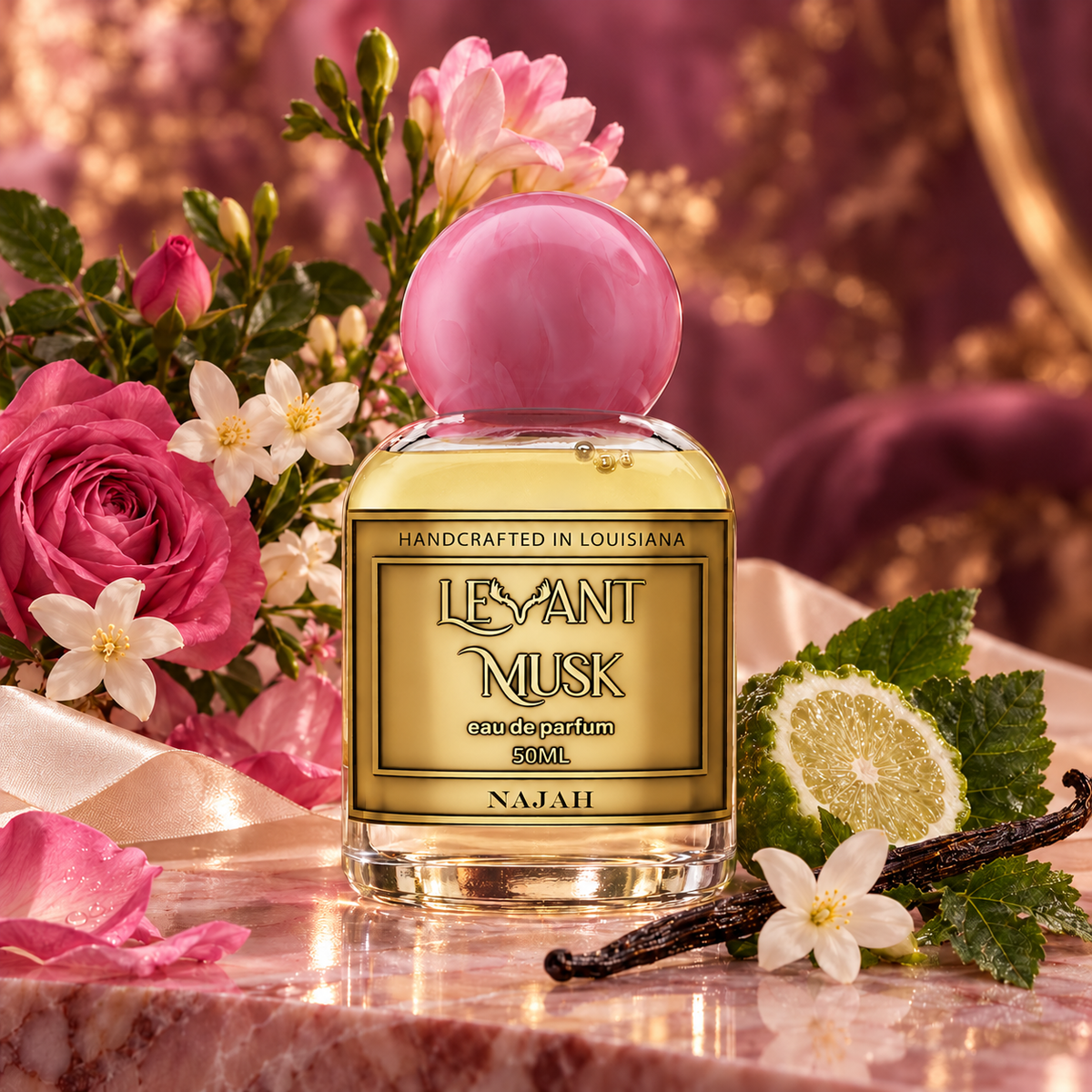 NAJAH by Levant Musk fragrance scene: bergamot; Centifolia rose, jasmine, freesia; vanilla, patchouli and musk.