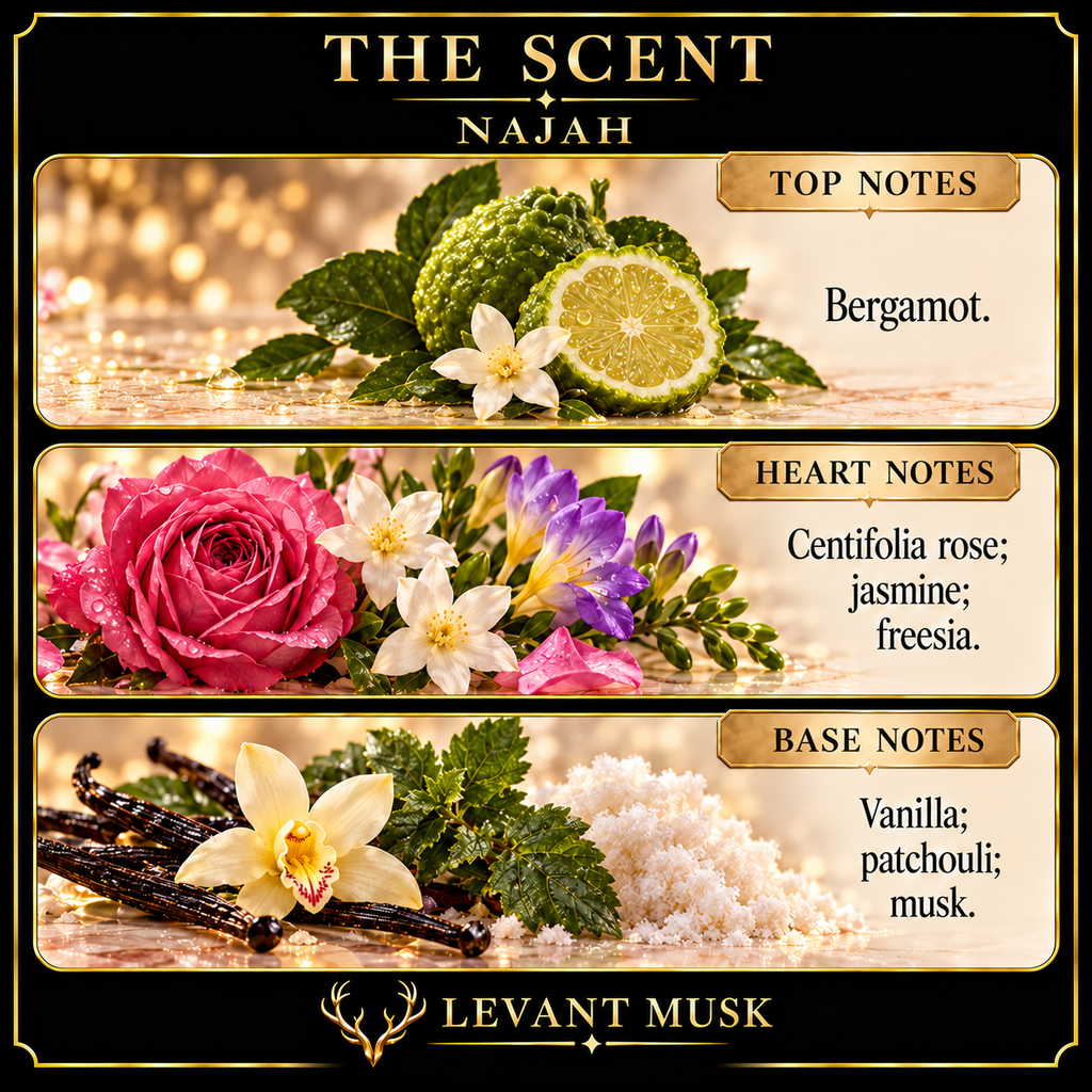 NAJAH by Levant Musk scent notes: bergamot; Centifolia rose, jasmine, freesia; vanilla, patchouli and musk.