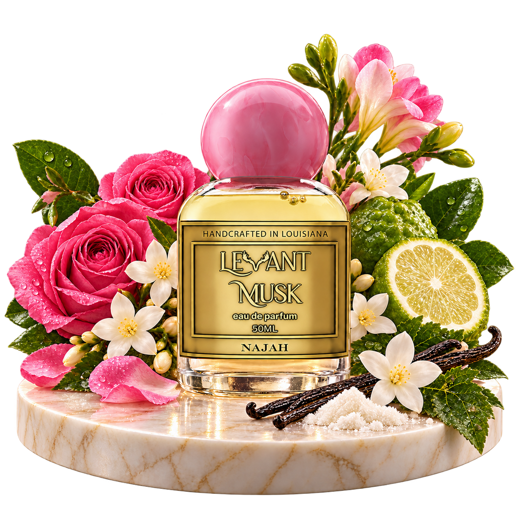 NAJAH by Levant Musk bottle with notes on a transparent background: bergamot; Centifolia rose, jasmine, freesia; vanilla, patchouli and musk.
