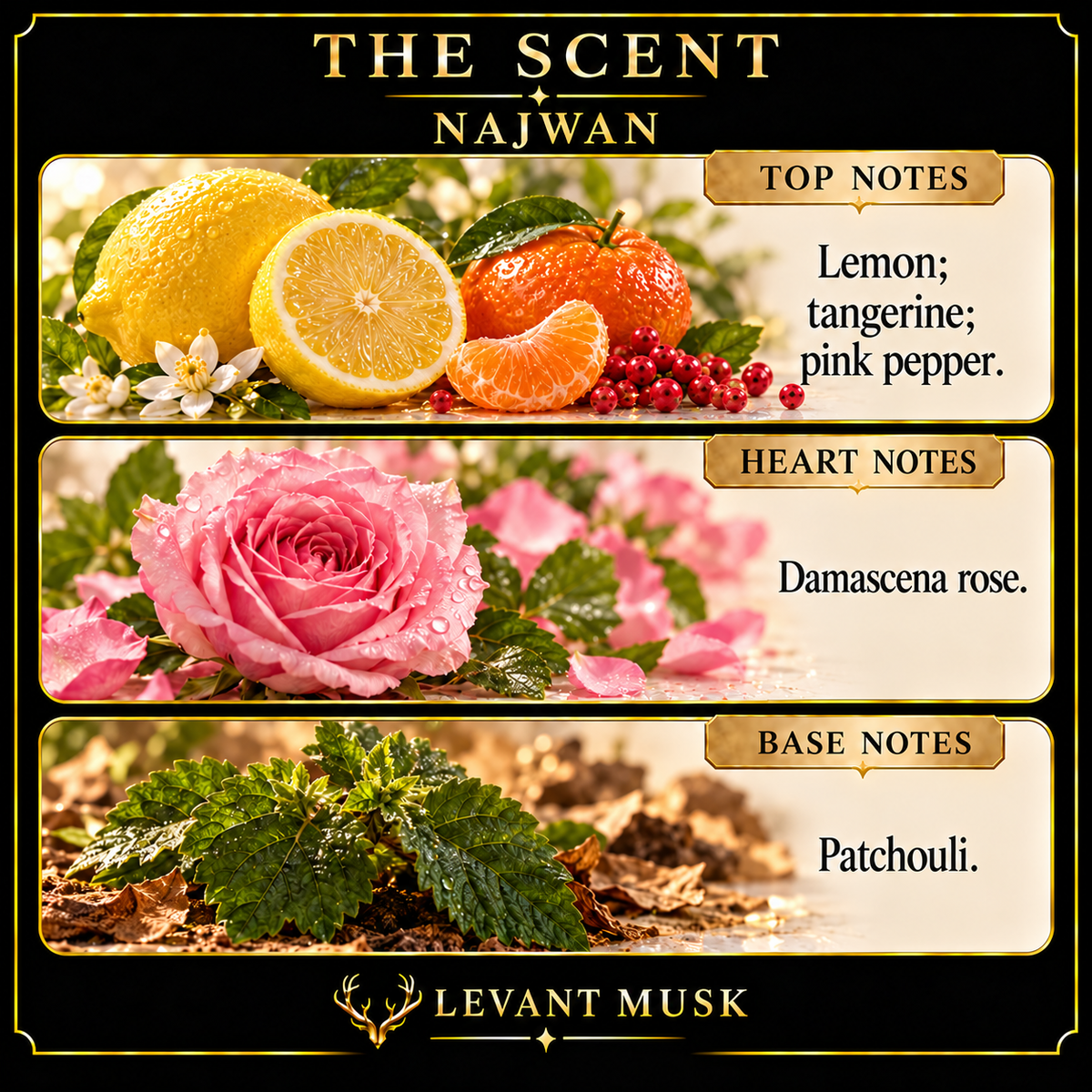 NAJWAN by Levant Musk note card. Top: lemon; tangerine; pink pepper. Heart: damascena rose. Base: patchouli.