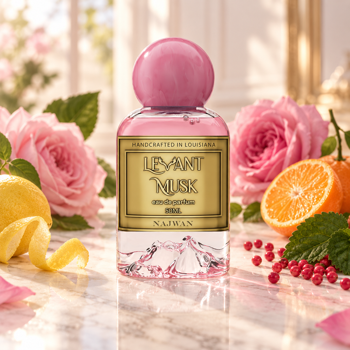 A bottle of Najwan Levant Musk fragrance centered on a marble surface, surrounded by pink roses, a lemon, orange slices, and red berries. The bottle has a pink spherical cap, a gold label with black text, and a pink-and-white illustrated base.