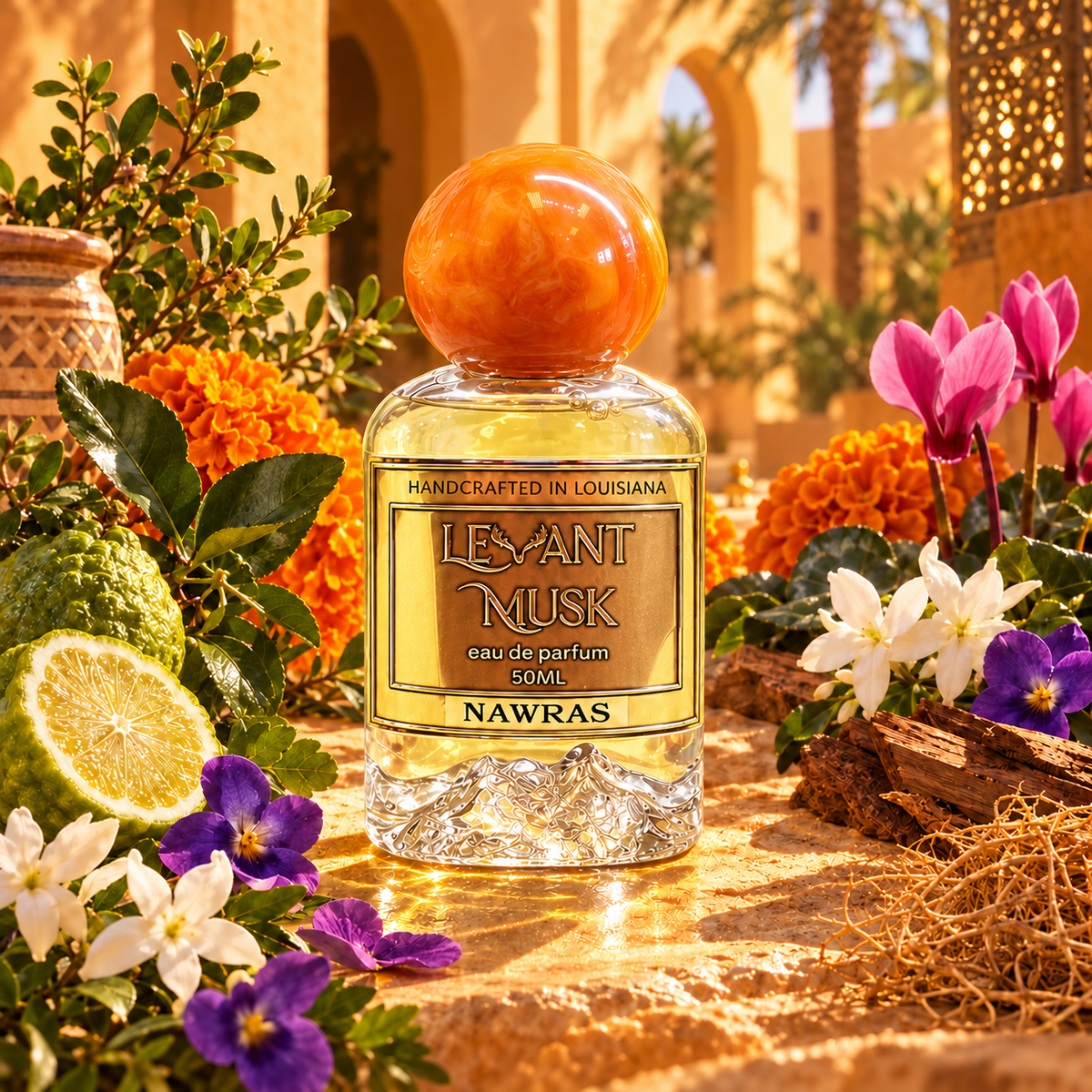 NAWRAS by Levant Musk fragrance scene: Buchu, African marigold, bergamot; cyclamen, jasmine petals, violet; cedarwood, musk and vetiver.