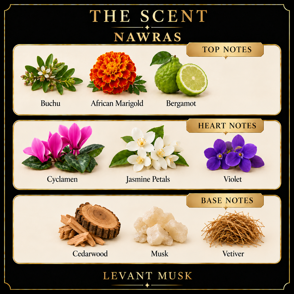 NAWRAS by Levant Musk scent notes: Buchu, African marigold, bergamot; cyclamen, jasmine petals, violet; cedarwood, musk and vetiver.