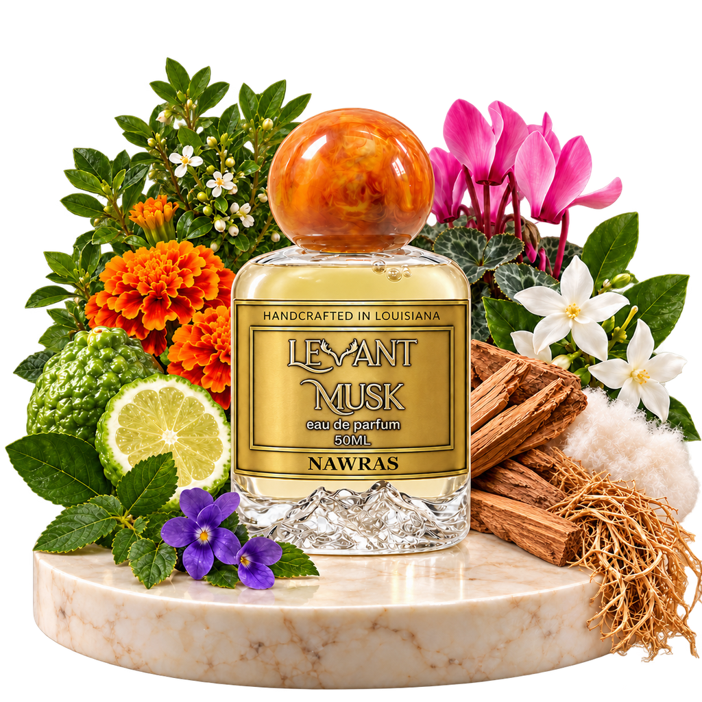 NAWRAS by Levant Musk bottle with notes on a transparent background: Buchu, African marigold, bergamot; cyclamen, jasmine petals, violet; cedarwood, musk and vetiver.