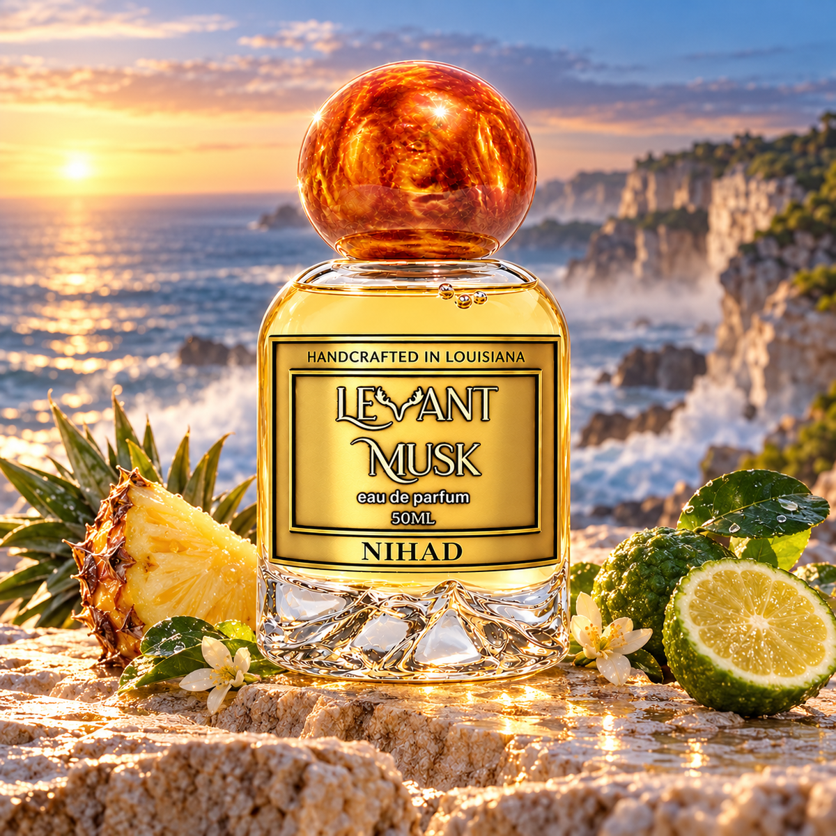 NIHAD Levant Musk eau de parfum in a cinematic scent-inspired setting.