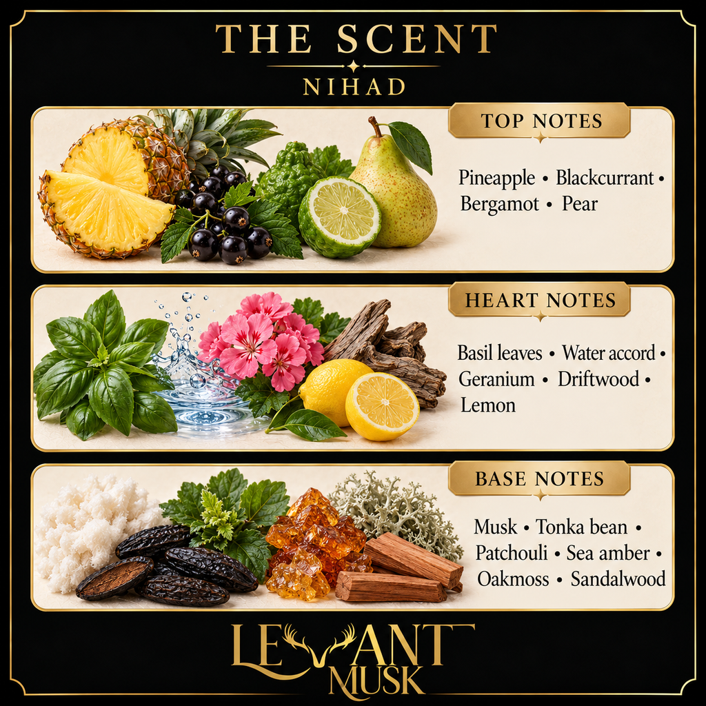 NIHAD scent notes. Top: Pineapple; blackcurrant; bergamot; pear. Heart: Basil leaves; water accord; geranium; driftwood; lemon. Base: Musk; tonka bean; patchouli; sea amber; oakmoss; sandalwood.