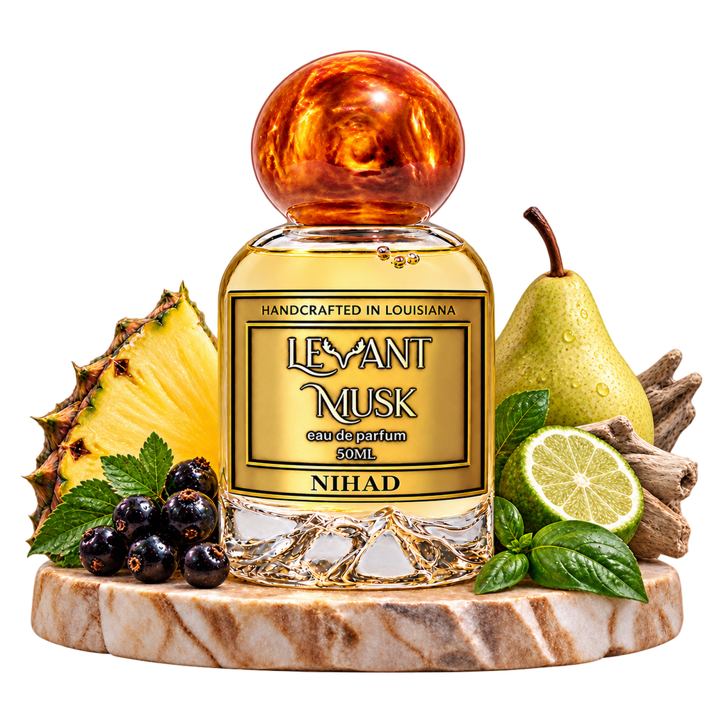 NIHAD by Levant Musk surrounded by selected scent-note illustrations, transparent background.