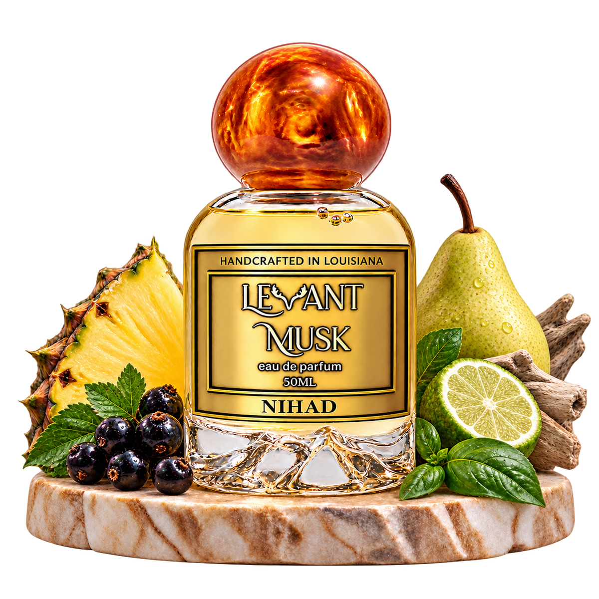 NIHAD by Levant Musk surrounded by selected scent-note illustrations, transparent background.