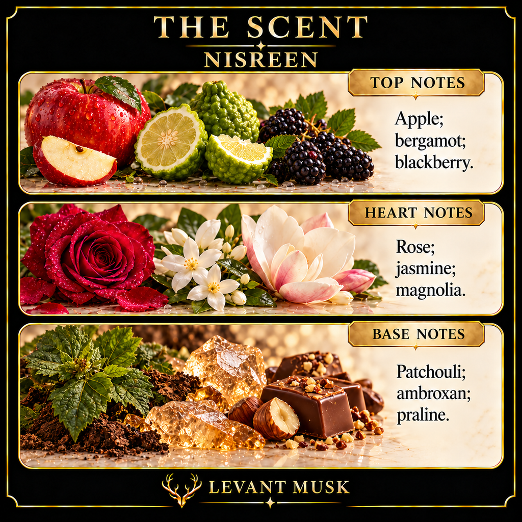 NISREEN by Levant Musk note card. Top: apple; bergamot; blackberry. Heart: rose; jasmine; magnolia. Base: patchouli; ambroxan; praline.