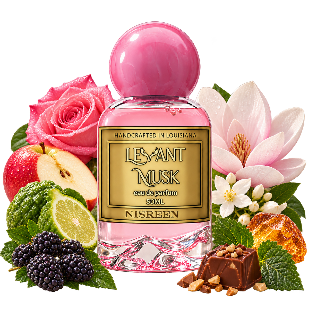 NISREEN by Levant Musk bottle with apple, bergamot, blackberries, rose, jasmine, magnolia, green leaves, crystal-like accents and praline, with a transparent background.
