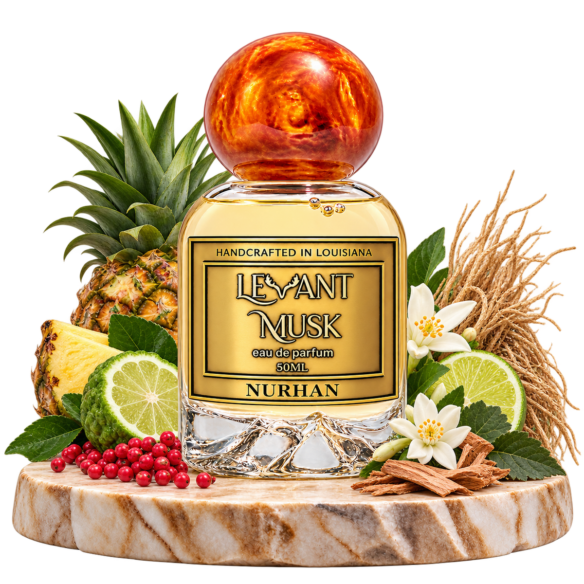 NURHAN bottle with orange marbled cap and corrected fragrance-note ingredients, including pineapple, bergamot, pink pepper, lime, white blossoms, cedarwood, patchouli and Haitian vetiver, on a transparent background.