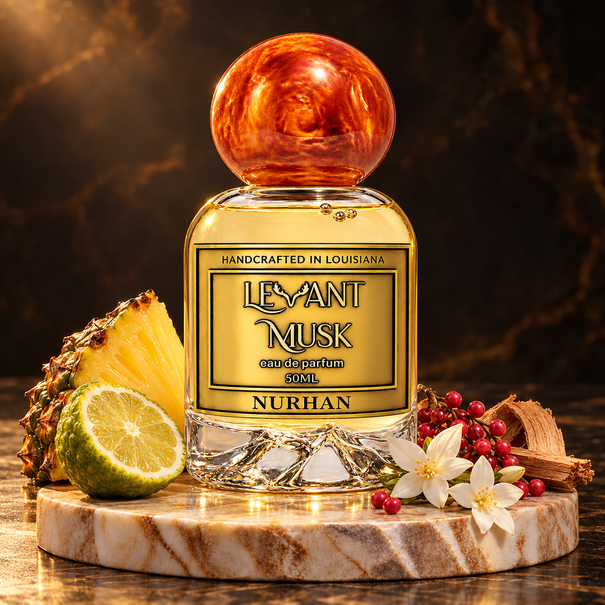 NURHAN bottle on a grounded marble pedestal in warm golden light with pineapple, bergamot, pink pepper, jasmine and cedarwood.