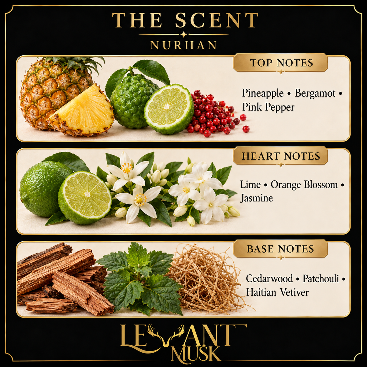 NURHAN scent note card: top pineapple, bergamot, pink pepper; heart lime, orange blossom, jasmine; base cedarwood, patchouli, Haitian vetiver.