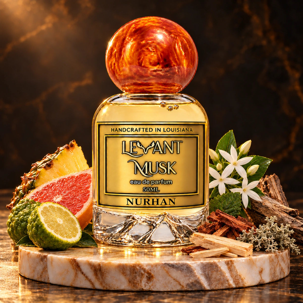 NURHAN bottle on cream marble in warm golden light with bergamot, pineapple, grapefruit, jasmine, patchouli, cedarwood, pale wood representing Clearwood, oakmoss and dry timberwood.
