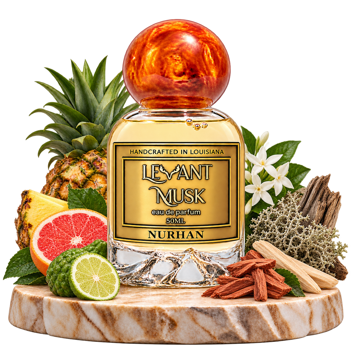 NURHAN bottle with orange marbled cap on cream marble, surrounded by bergamot, pineapple, grapefruit, jasmine, patchouli, cedarwood, pale wood representing Clearwood, oakmoss and dry timberwood, on a transparent background.