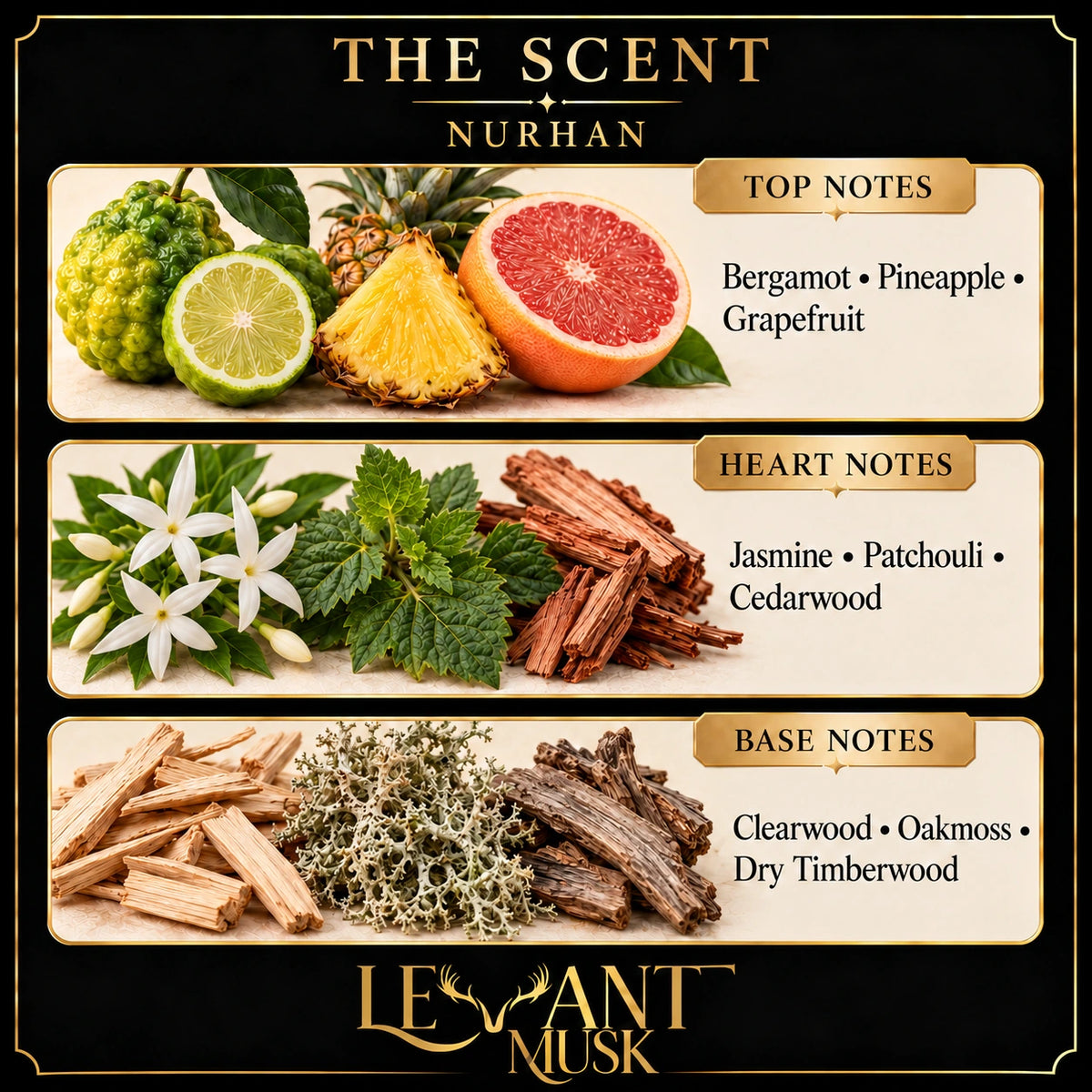 NURHAN scent note card. Top: bergamot, pineapple, grapefruit. Heart: jasmine, patchouli, cedarwood. Base: Clearwood, oakmoss, dry timberwood.