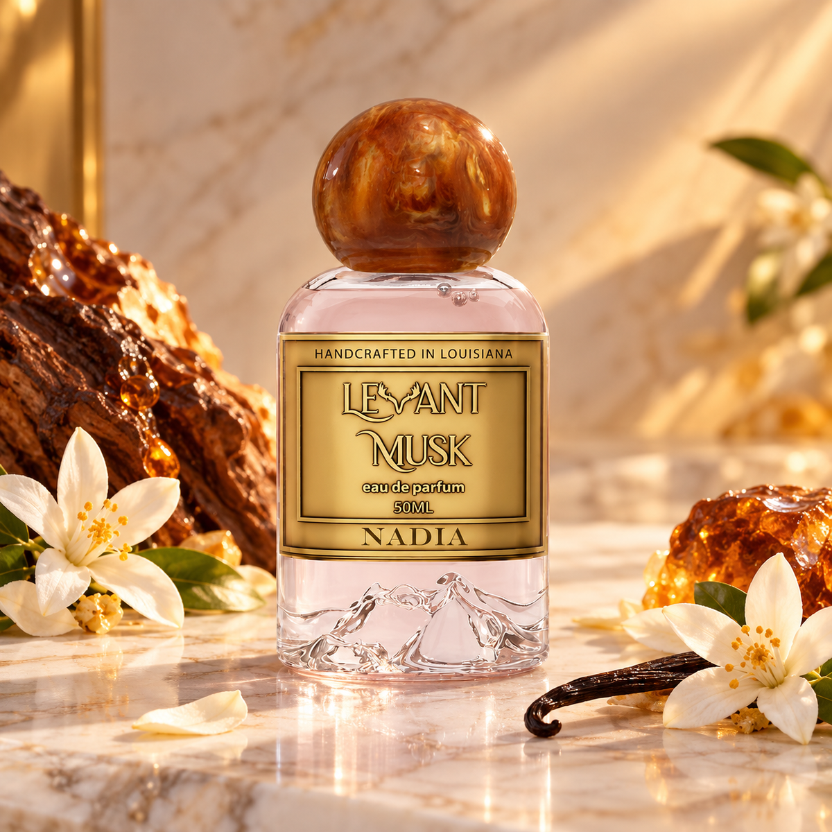 A bottle of Nadia Levant Musk Eau de Parfum with a gold label and a round wooden cap, styled on a marble surface with citrus flowers, amber resin, and a vanilla bean.