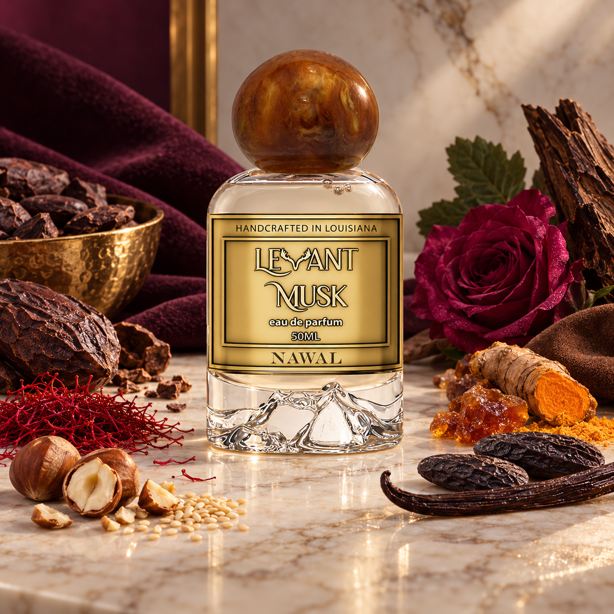 A bottle of Nawal Levant Musk Eau de Parfum centered on a marble surface, surrounded by fragrance-inspired ingredients including a rose, turmeric, vanilla pods, saffron, and dried botanicals.