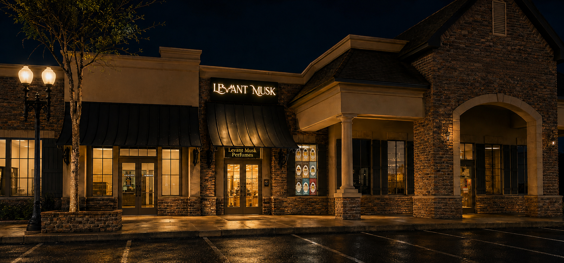 Levant Musk storefront at night with warm illuminated windows, stone and beige exterior walls, a black awning, and a lit sign above the entrance.