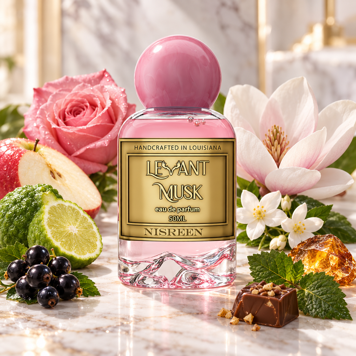 A bottle of Nisreen Levant Musk Eau de Parfum is centered on a marble surface, surrounded by pink roses, white flowers, a sliced apple, lime, blackberries, mint, and a chocolate piece. The perfume bottle has a pink cap and a gold label with the brand name Nisreen and scent name Levant Musk.