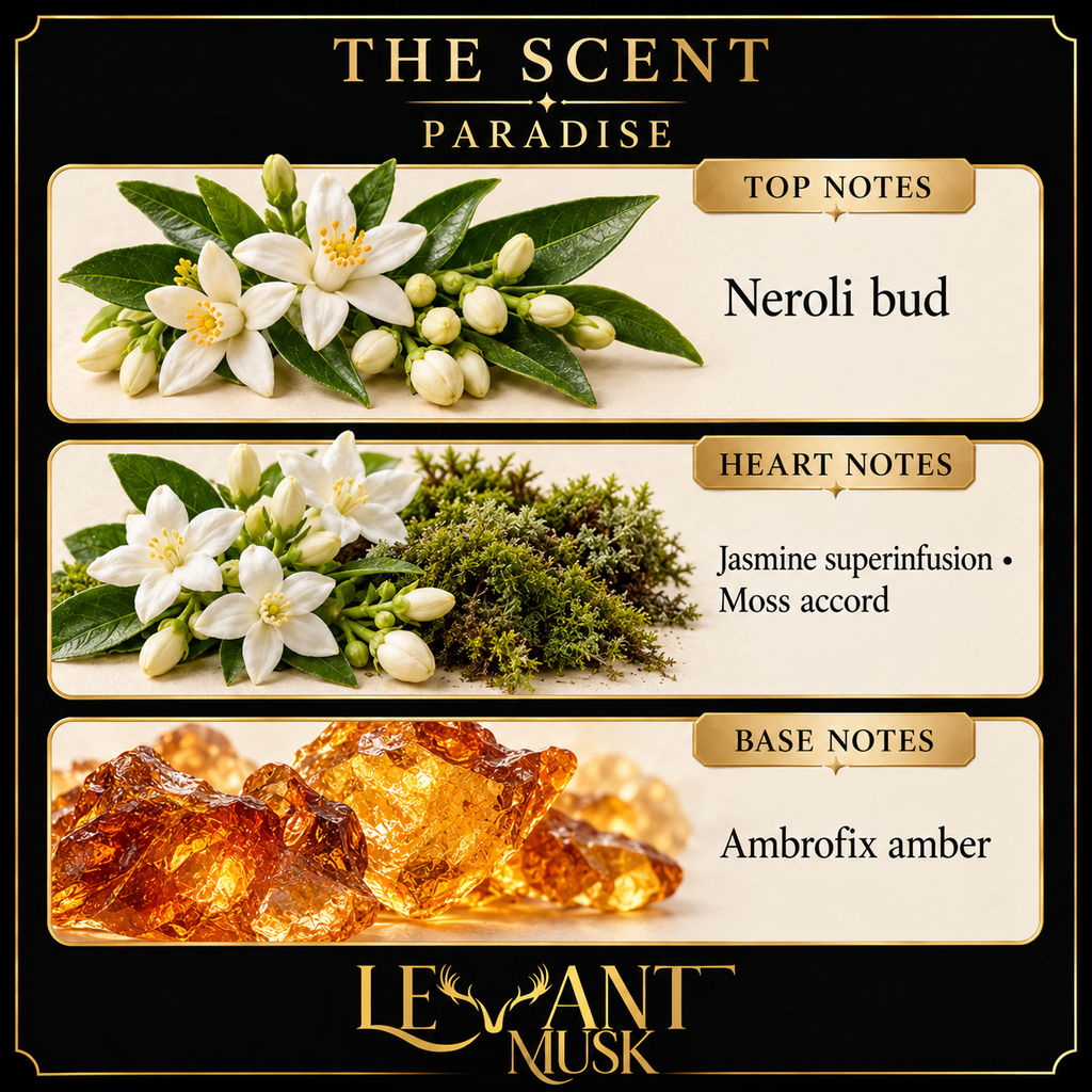 PARADISE scent notes. Top: Neroli bud. Heart: Jasmine superinfusion; moss accord. Base: Ambrofix amber.