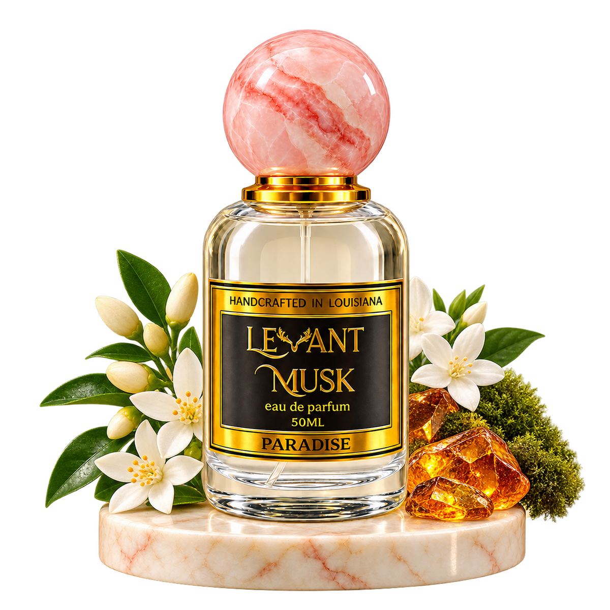 PARADISE by Levant Musk surrounded by selected scent-note illustrations, transparent background.