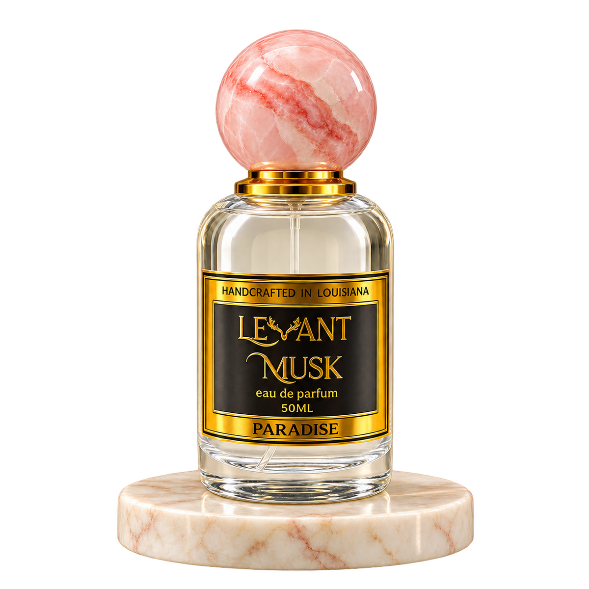 PARADISE by Levant Musk, 50 mL eau de parfum with a pink marble cap on a cream marble plinth, transparent background.