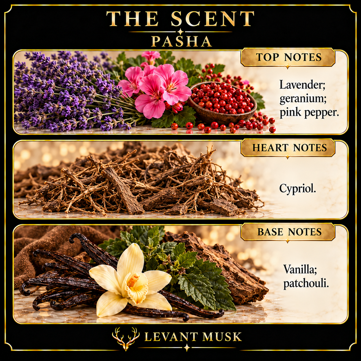 PASHA by Levant Musk scent notes: lavender, geranium, pink pepper; cypriol; vanilla and patchouli.